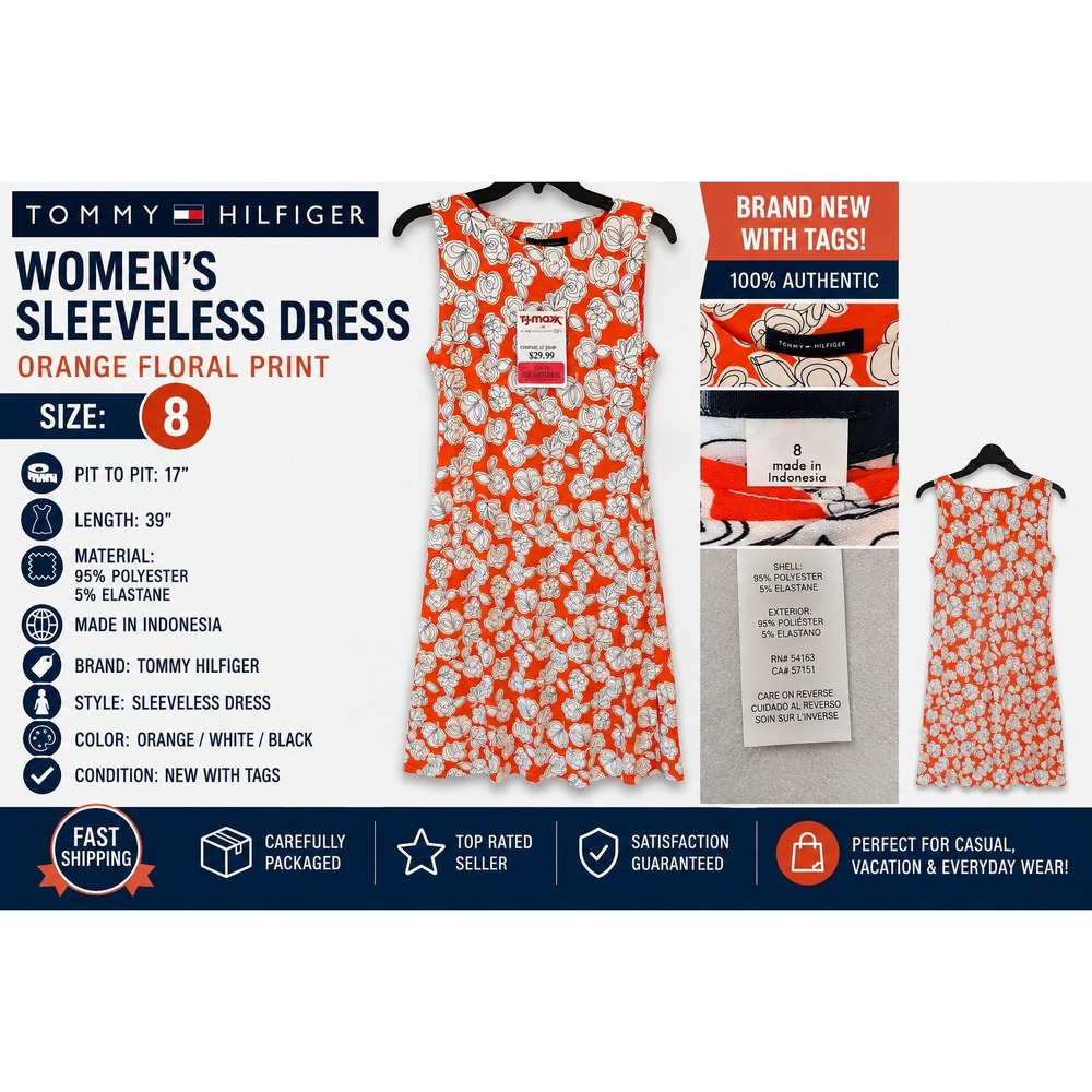 Tommy Hilfiger‎ Womens Orange White Floral Sheath Dress Sleeveless Size 8 NWT